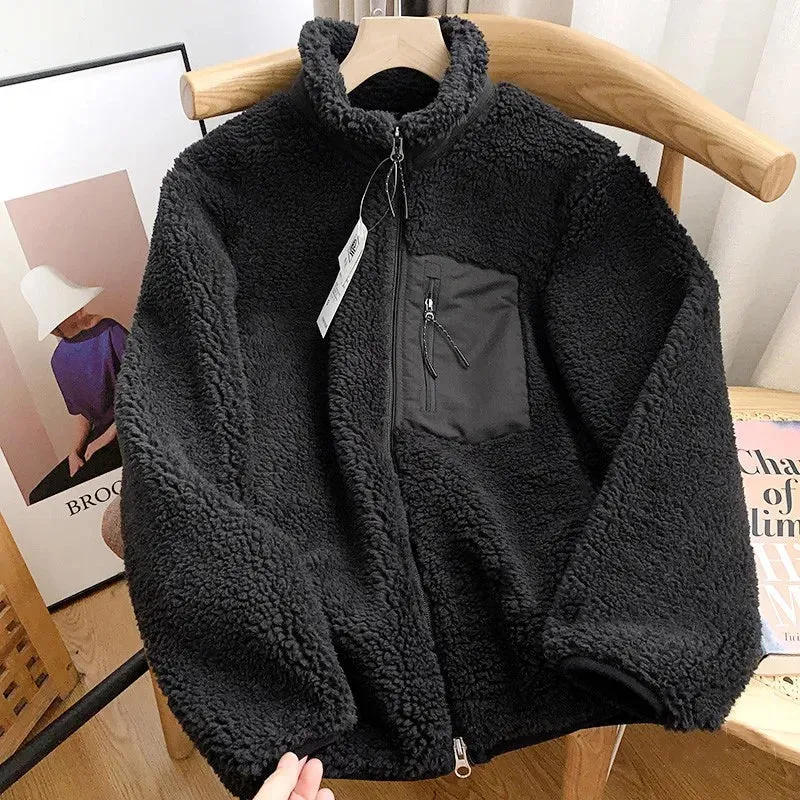 Aidase Autumn and Winter Japanese Men's and Women's Fleece Stand Neck Jacket Couple Zipper Loose Warm Lamb Wool Coat Solid Color Jacket