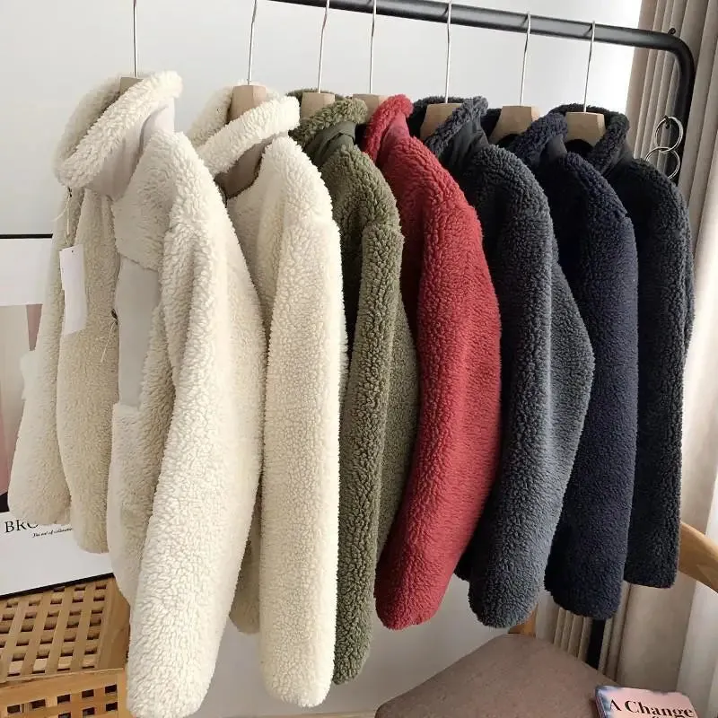 Aidase Autumn and Winter Japanese Men's and Women's Fleece Stand Neck Jacket Couple Zipper Loose Warm Lamb Wool Coat Solid Color Jacket