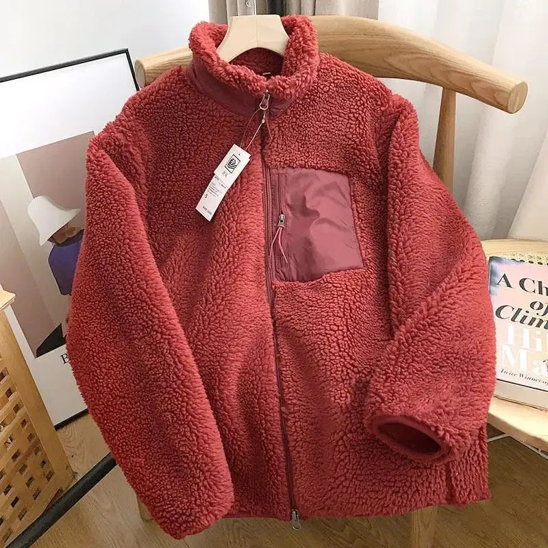 Aidase Autumn and Winter Japanese Men's and Women's Fleece Stand Neck Jacket Couple Zipper Loose Warm Lamb Wool Coat Solid Color Jacket