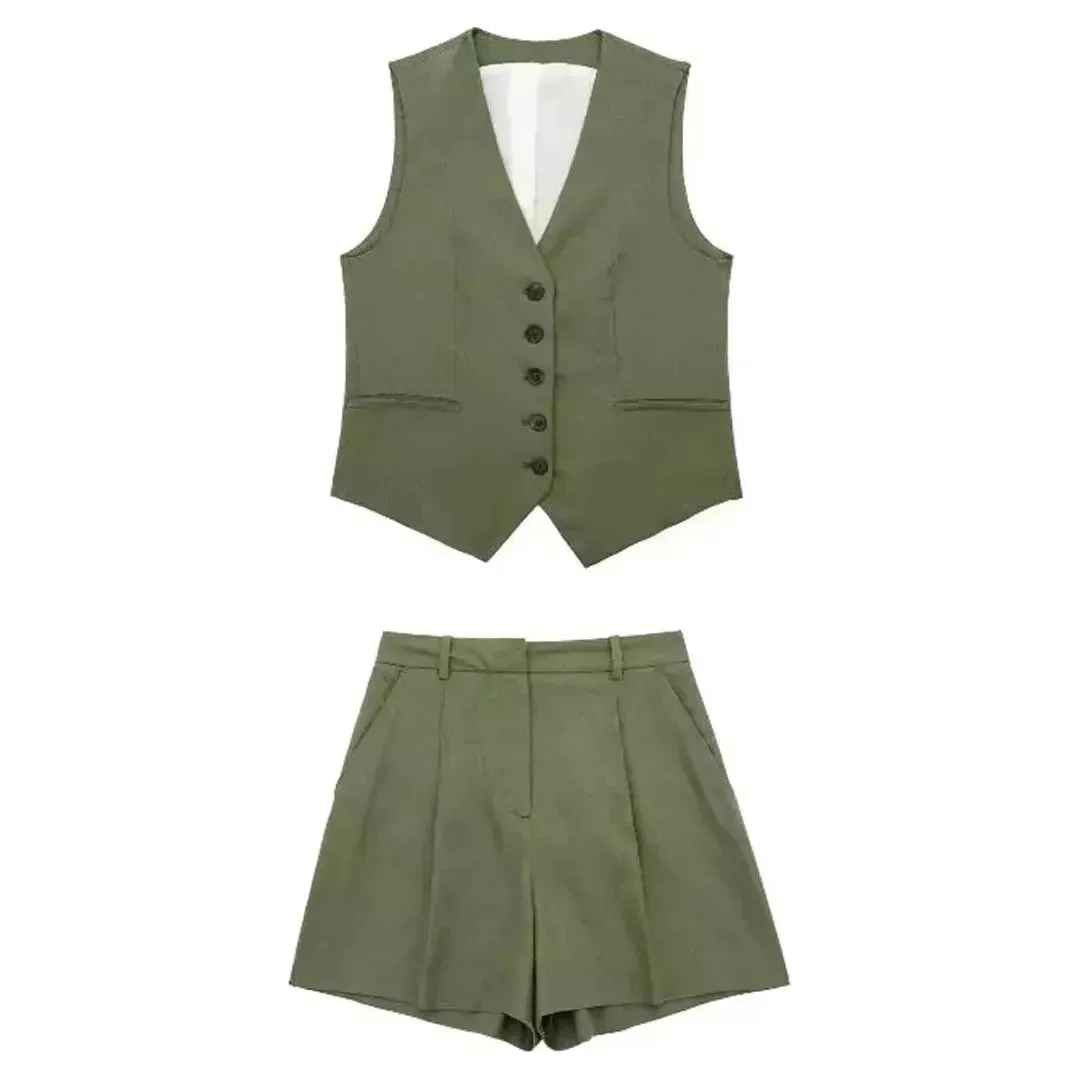 Ariana Set - Elegantes einfarbiges Vintage-Top und Shorts Set für Damen