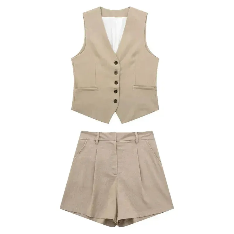 Ariana Set - Elegantes einfarbiges Vintage-Top und Shorts Set für Damen