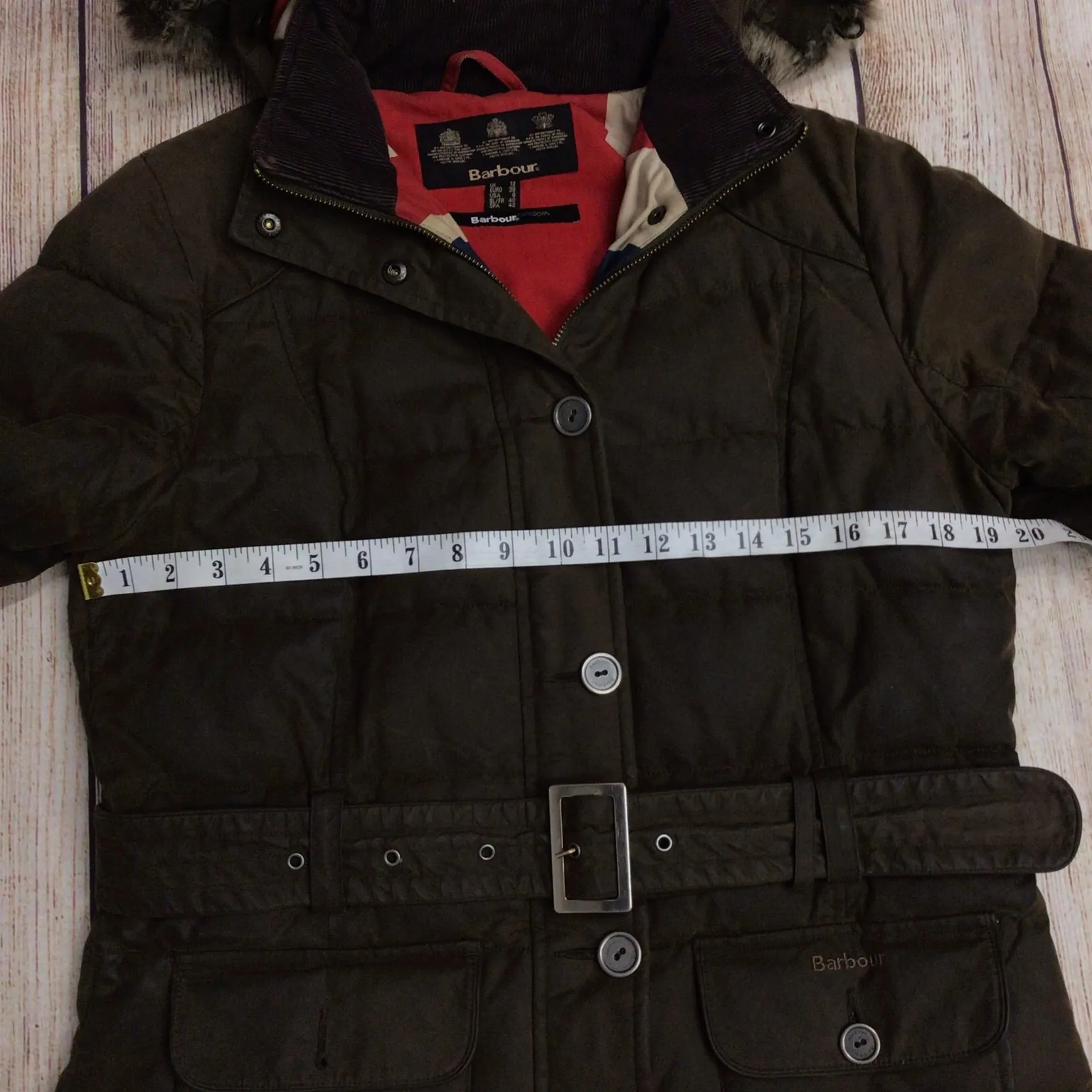 Barbour Brown Long Puffer Fibredown Wax Jacket Size 12