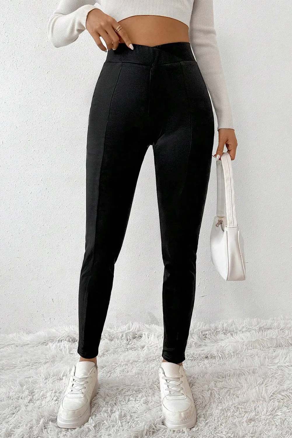 Black Crossed Waist Seamed Leg Thermal Leggings