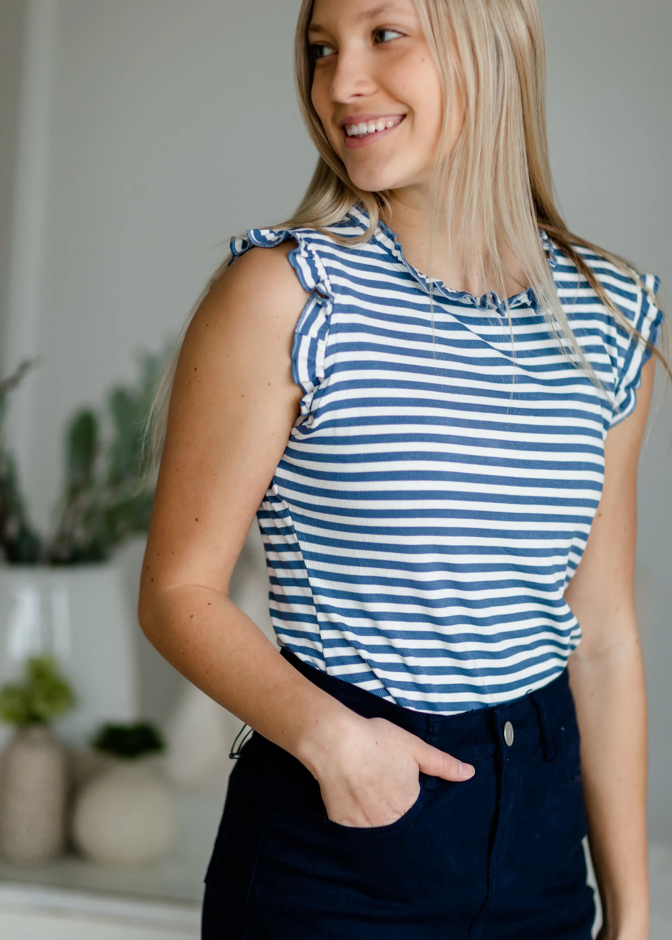 Blue Ruffle Neck Striped Tank