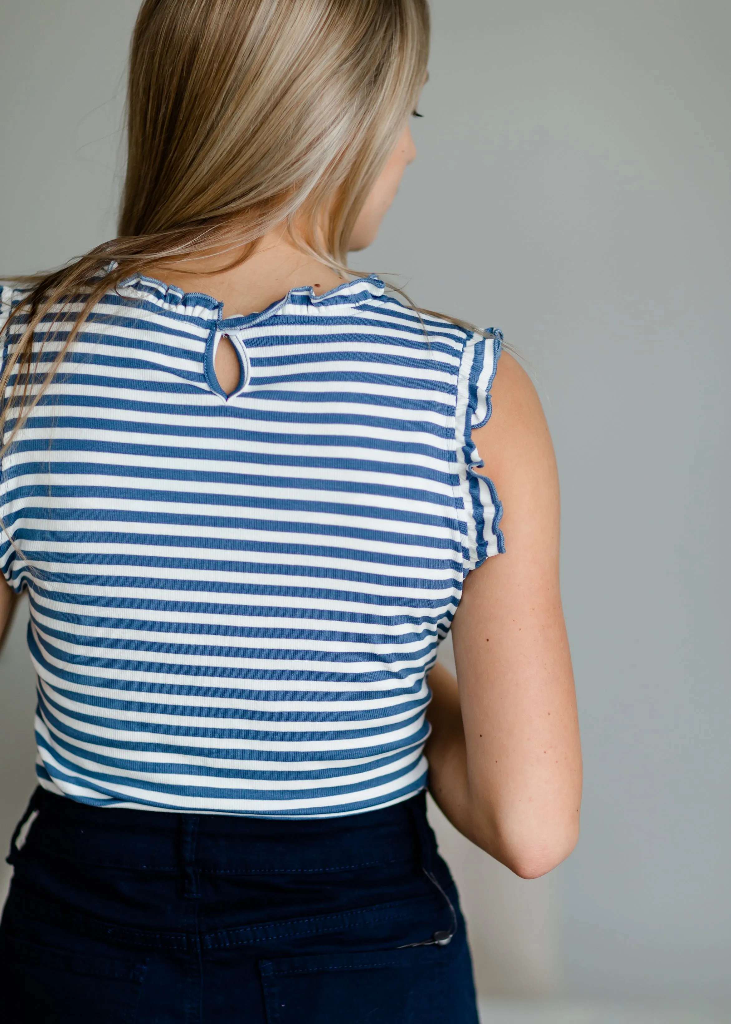 Blue Ruffle Neck Striped Tank