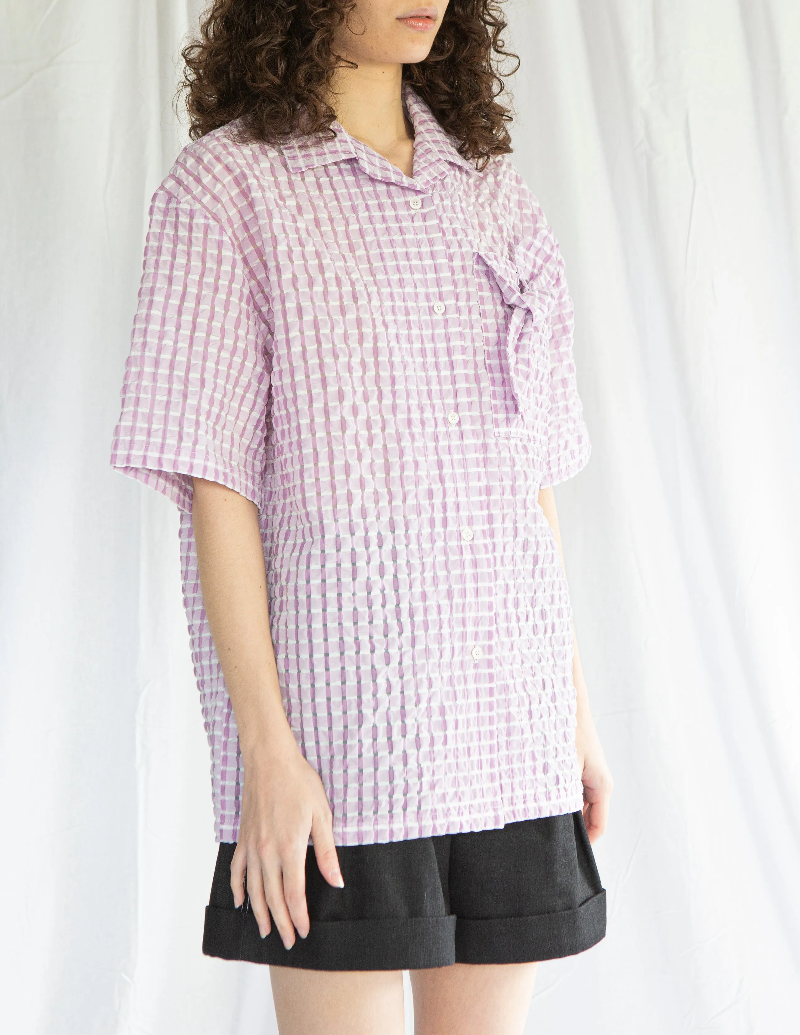 Bowling Shirt in Lilac Seersucker (PATCH VERSION, NO BOW)