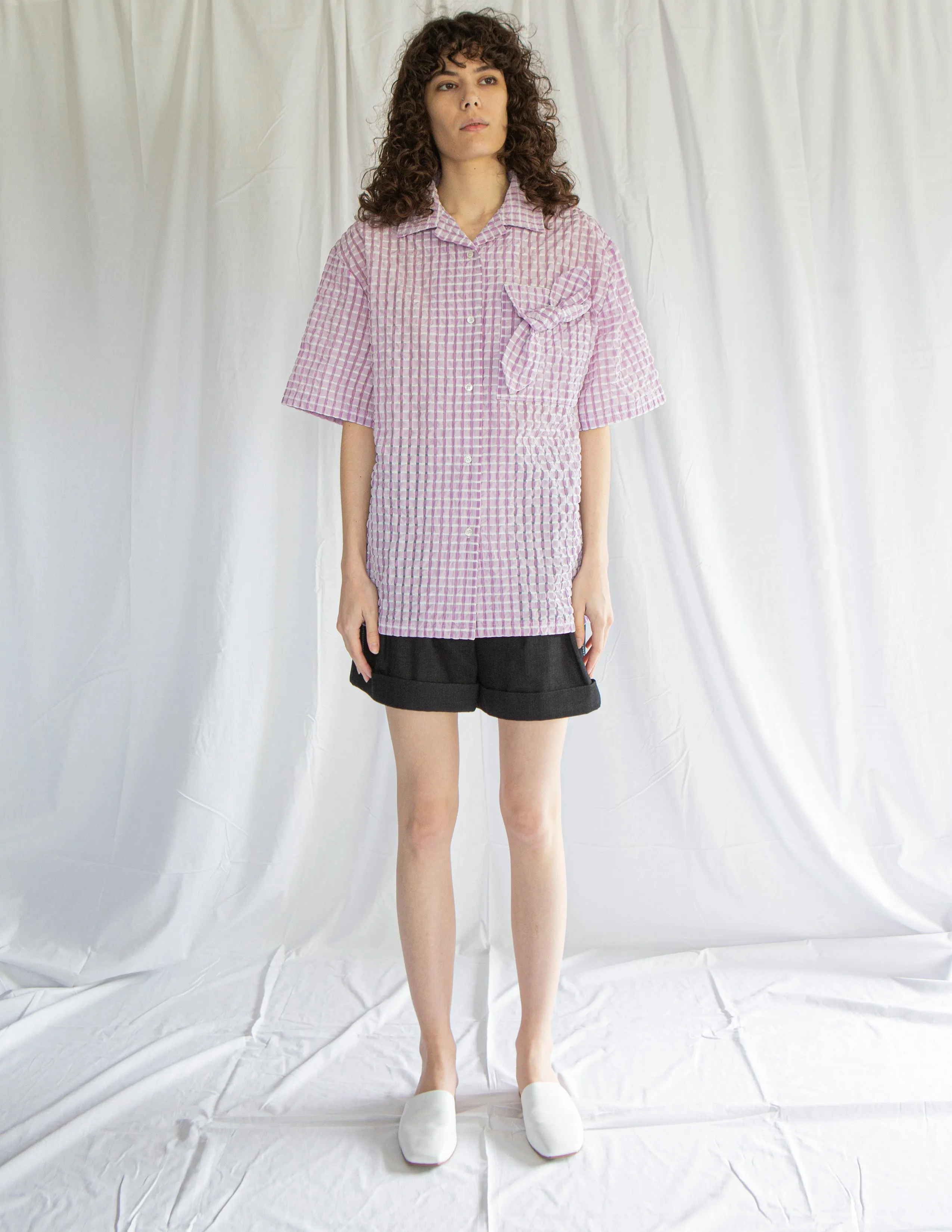 Bowling Shirt in Lilac Seersucker (PATCH VERSION, NO BOW)