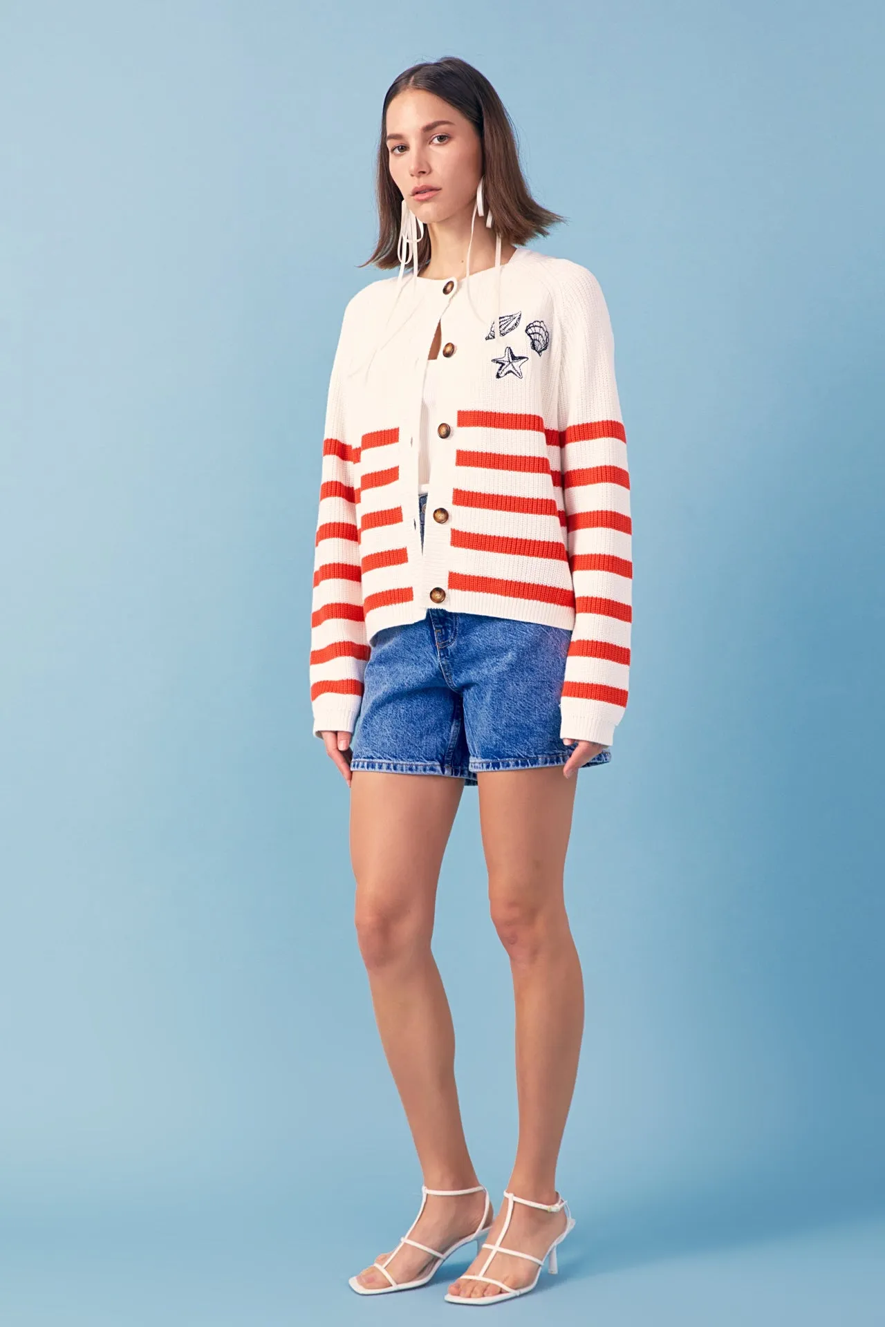 Breton Striped Cardigan with Shell Embroidery