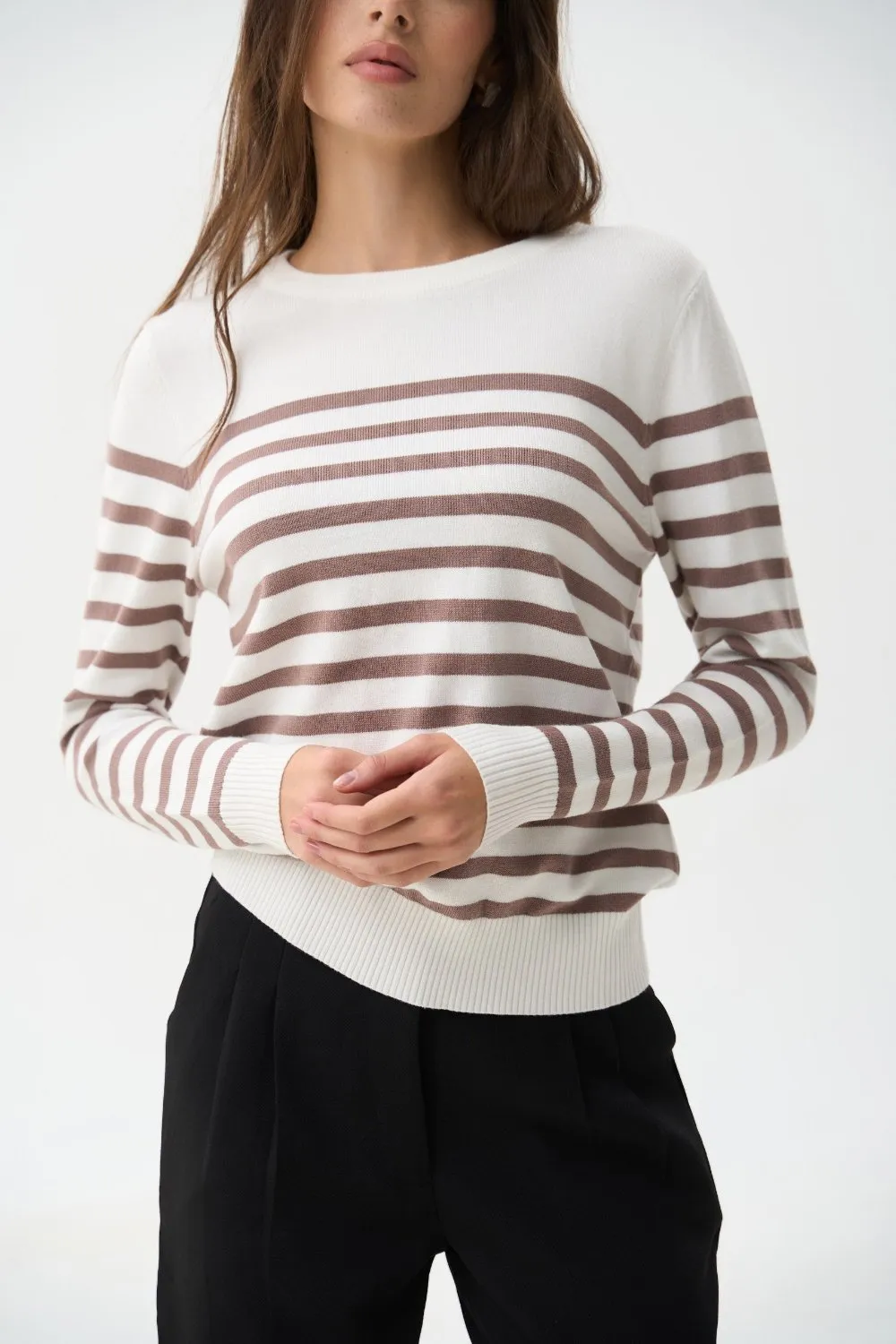 Brown Striped Knit Sweater with a Crew Neck