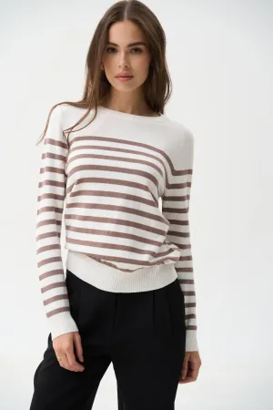 Brown Striped Knit Sweater with a Crew Neck