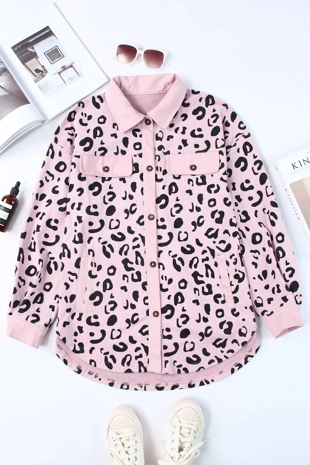 Collared Neckline Flap Pockets Leopard Corduroy Jacket