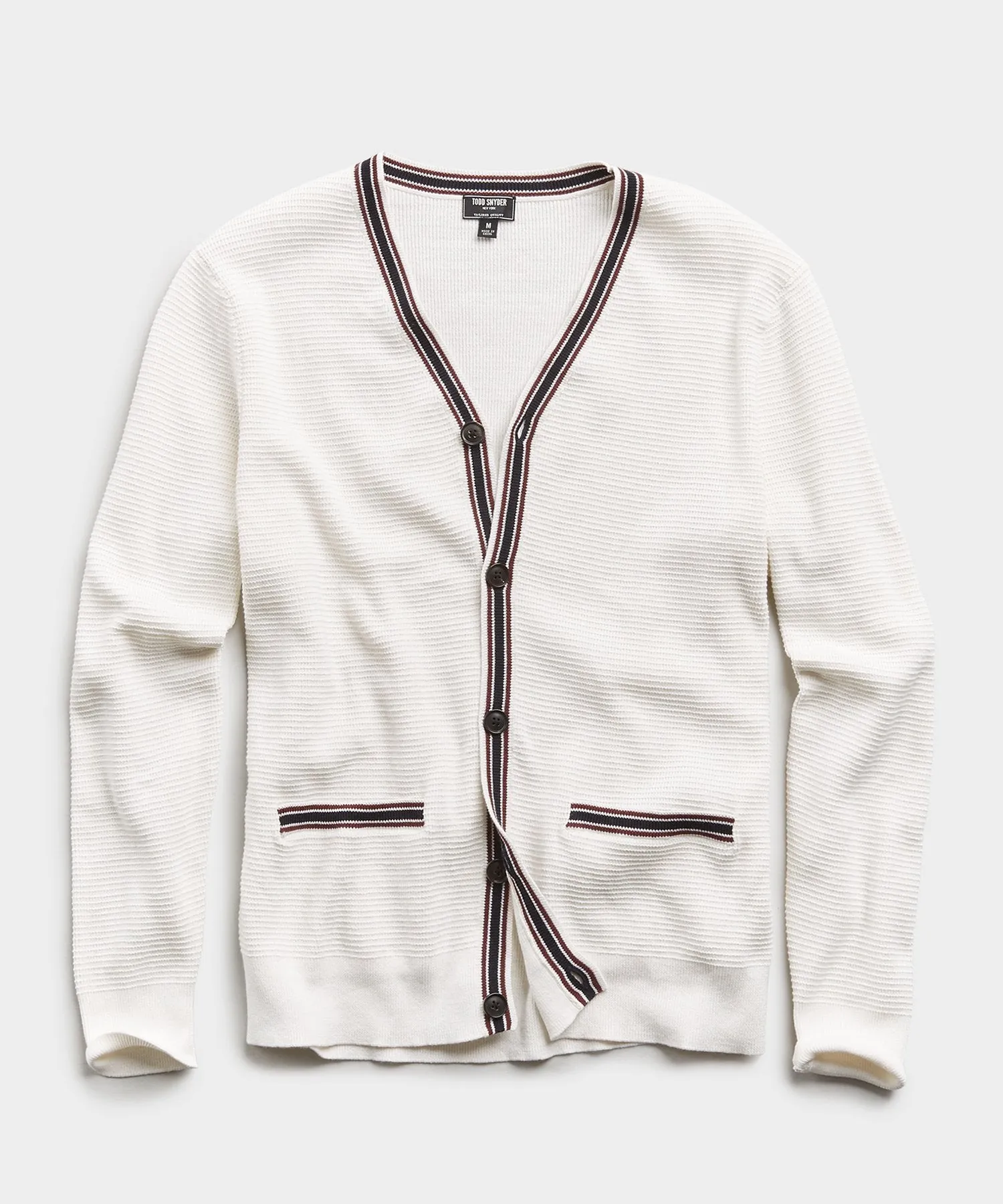 Cotton Cashmere Waffle Stitch Tipped Cardigan in White