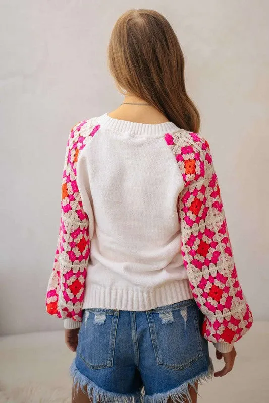 Crochet Detailed Long Sleeve Knit Sweater Top