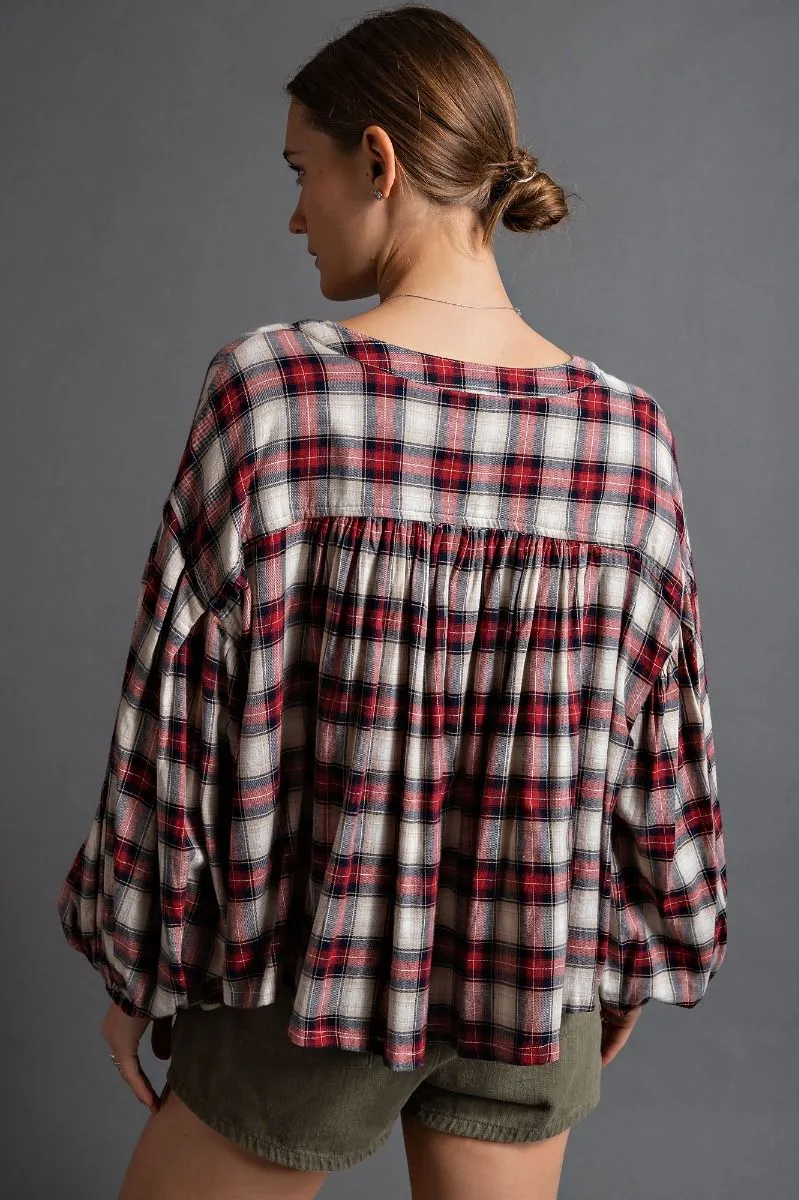 Easel Plaid Bubble Sleeve Top