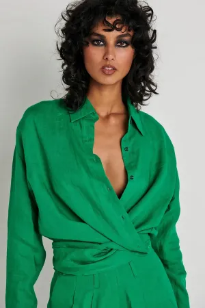 EFFIE KATS Womens Linen Wrap Shirt Green