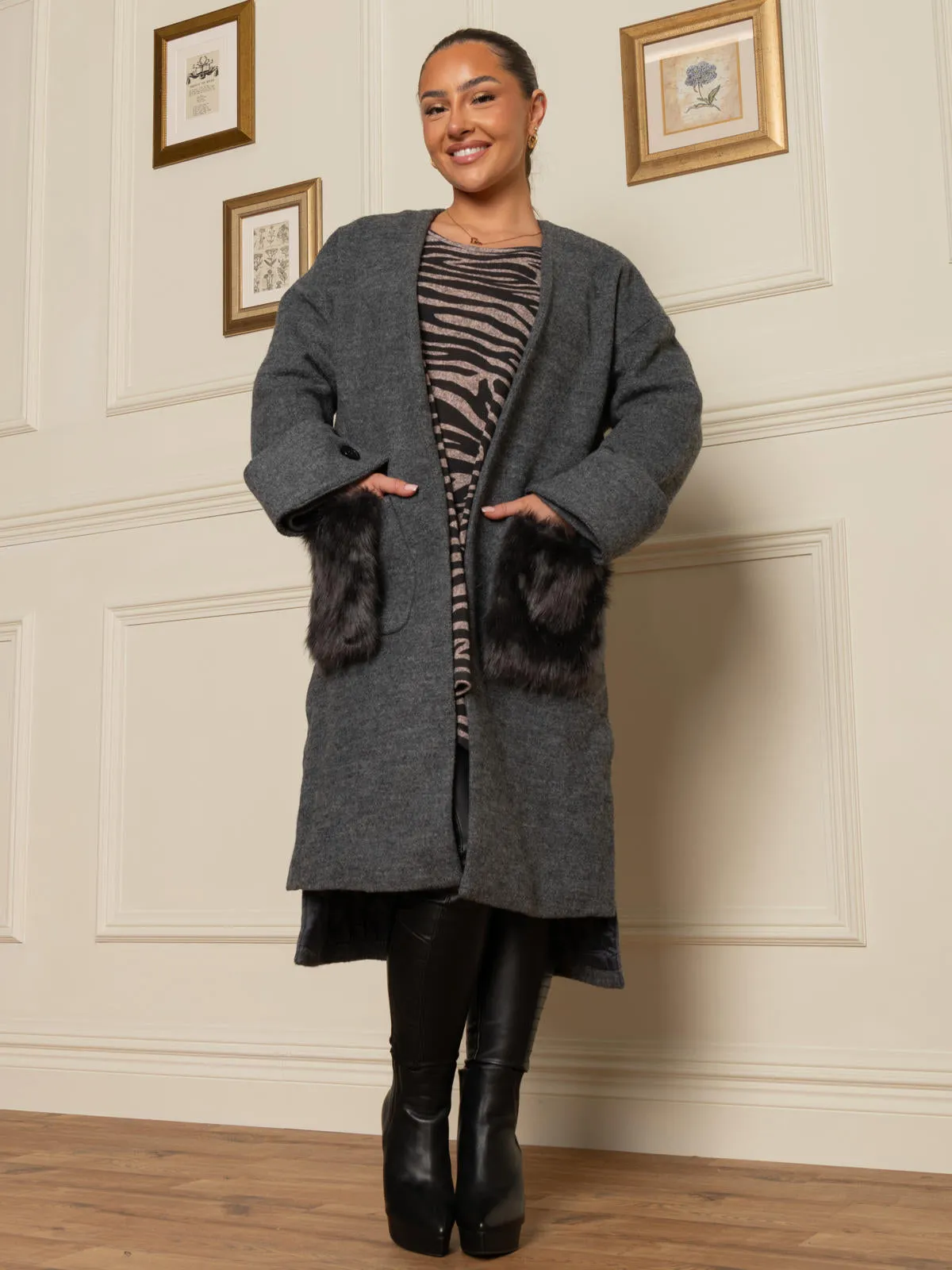 Faux Fur Pocket Padded Inner Coat, Dark Grey