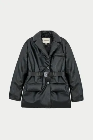 FAUX LEATHER PADDED BLAZER COAT - BLACK