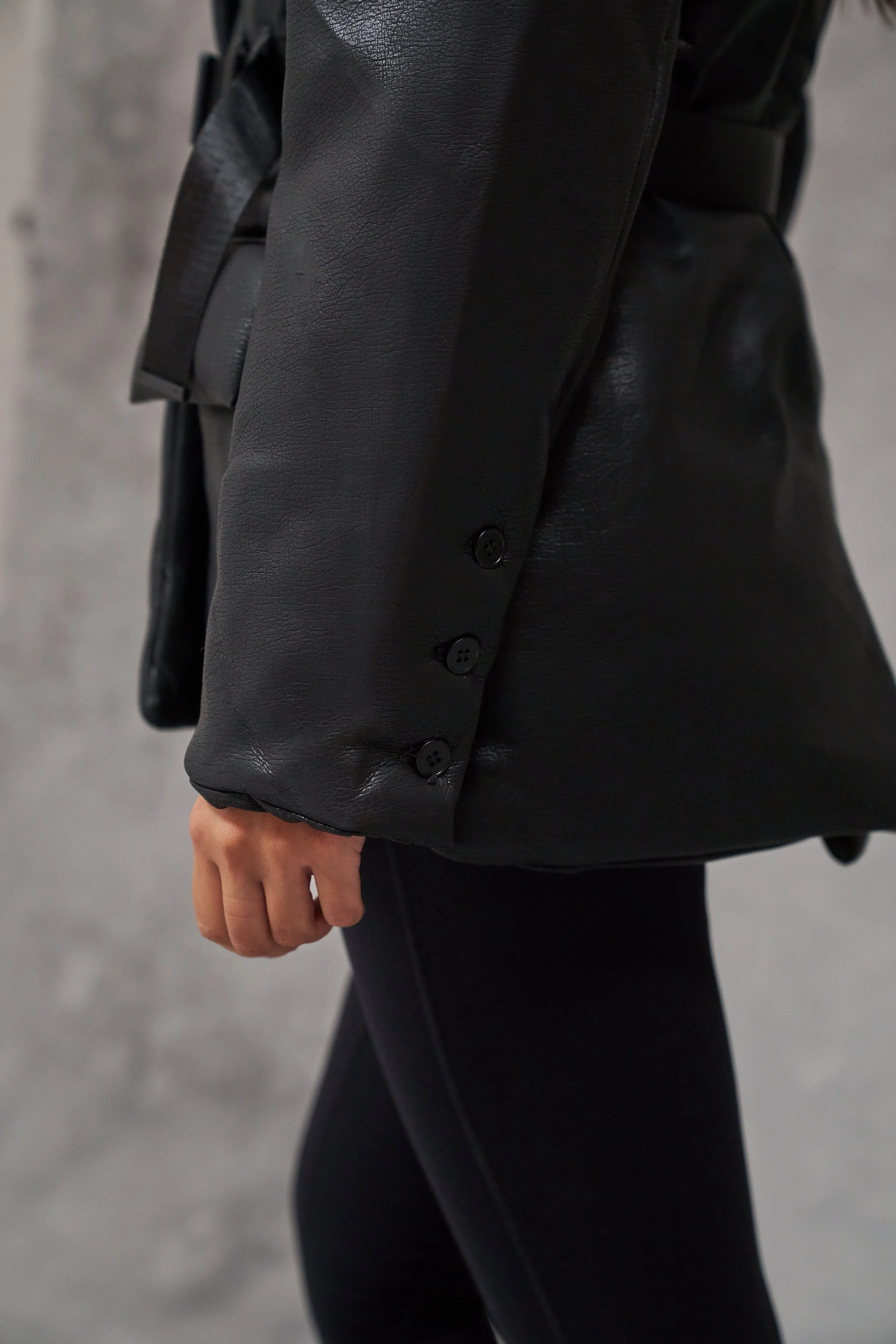 FAUX LEATHER PADDED BLAZER COAT - BLACK