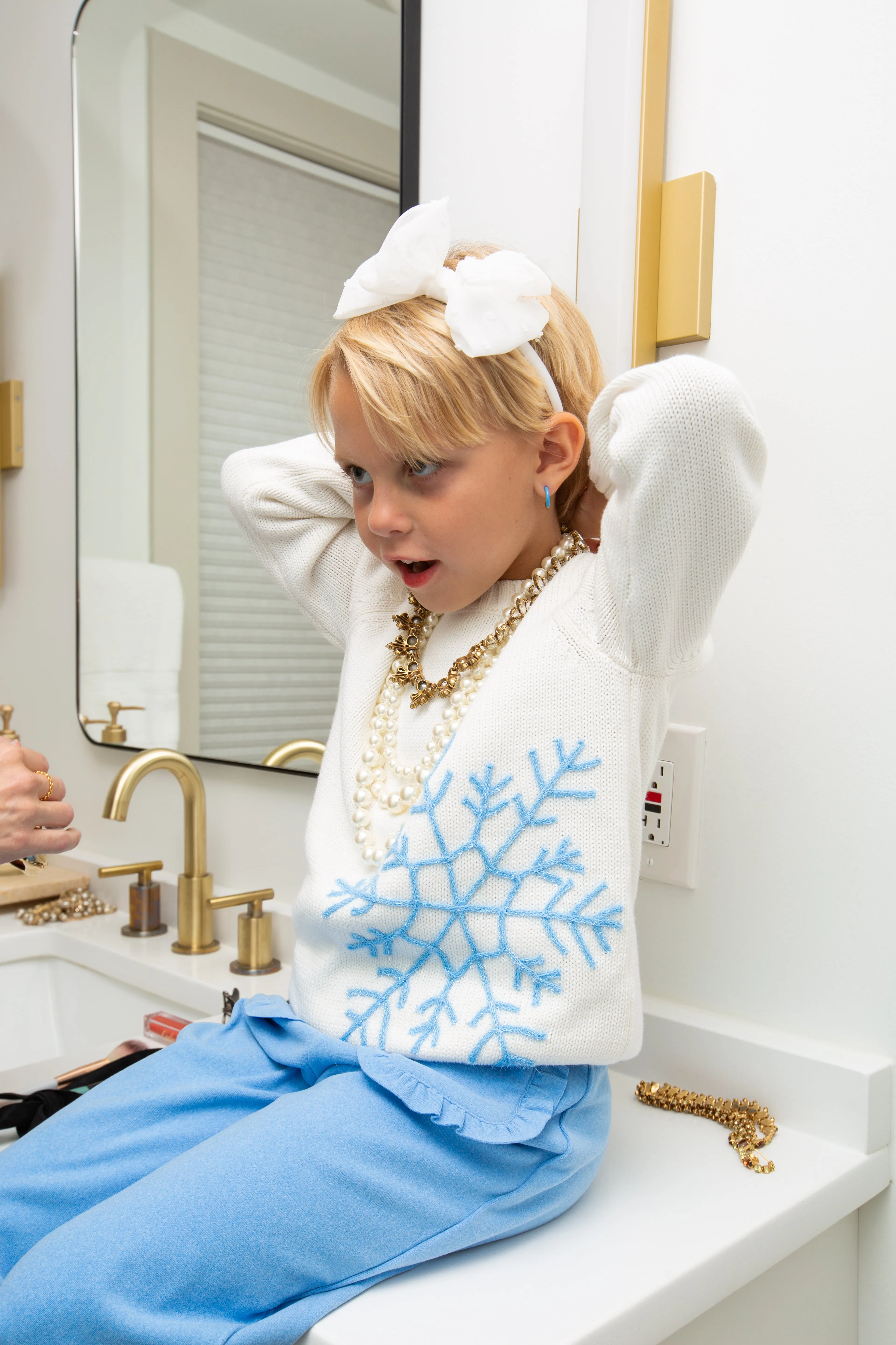 Girls Sparkle Snowflake Crew Neck in Ivory