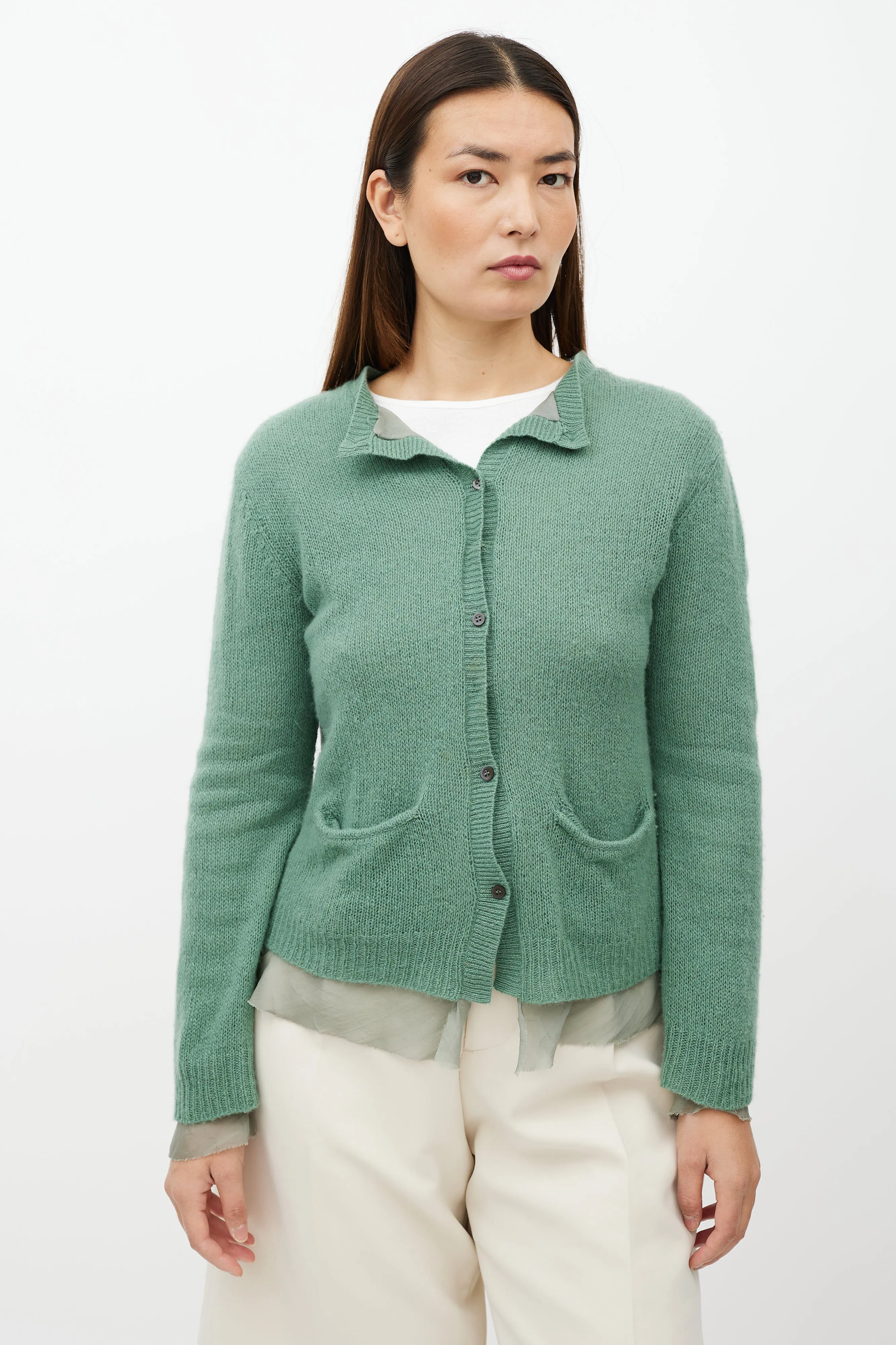 Green Silk Layered Cashmere Cardigan