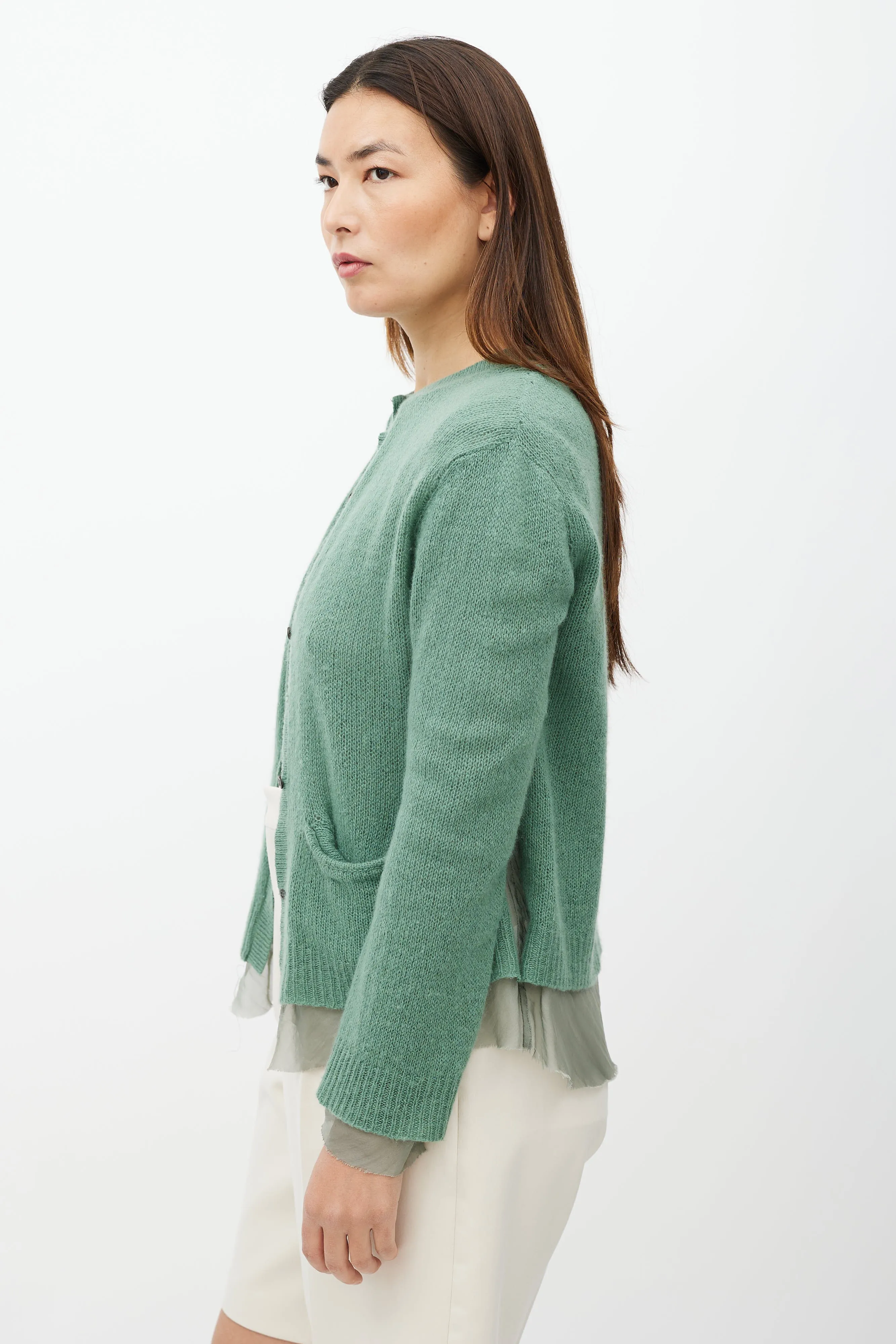 Green Silk Layered Cashmere Cardigan