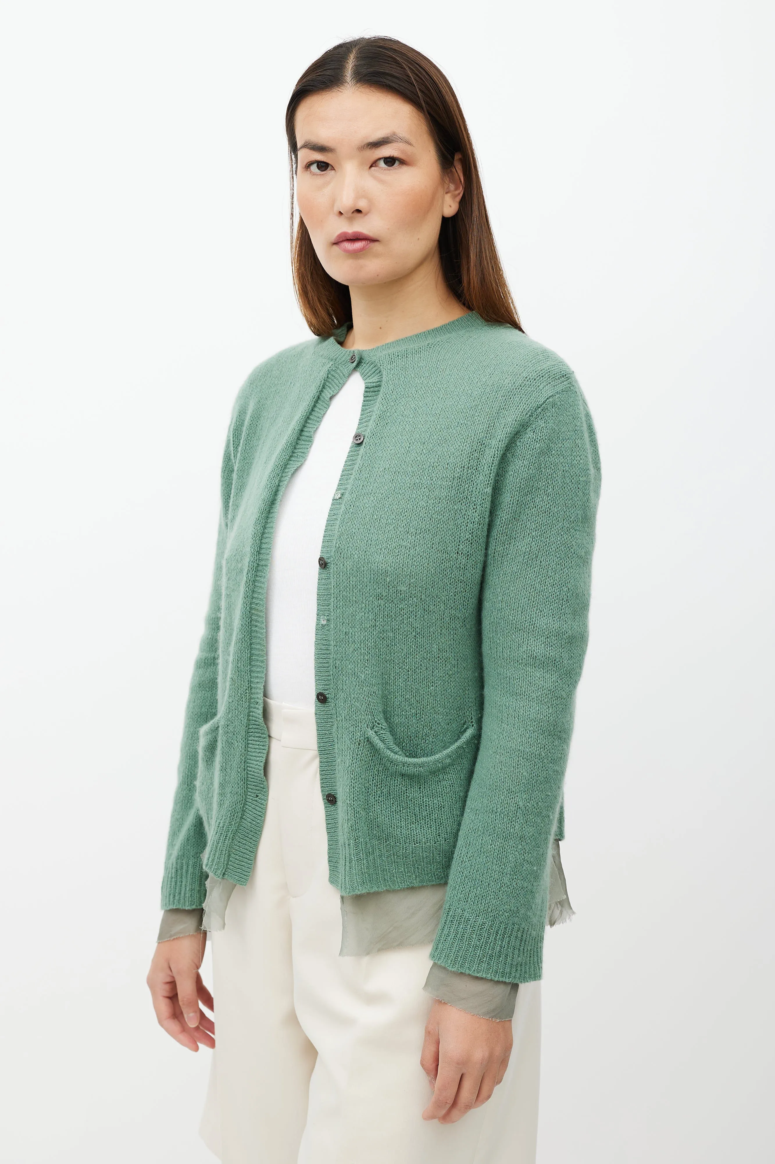 Green Silk Layered Cashmere Cardigan