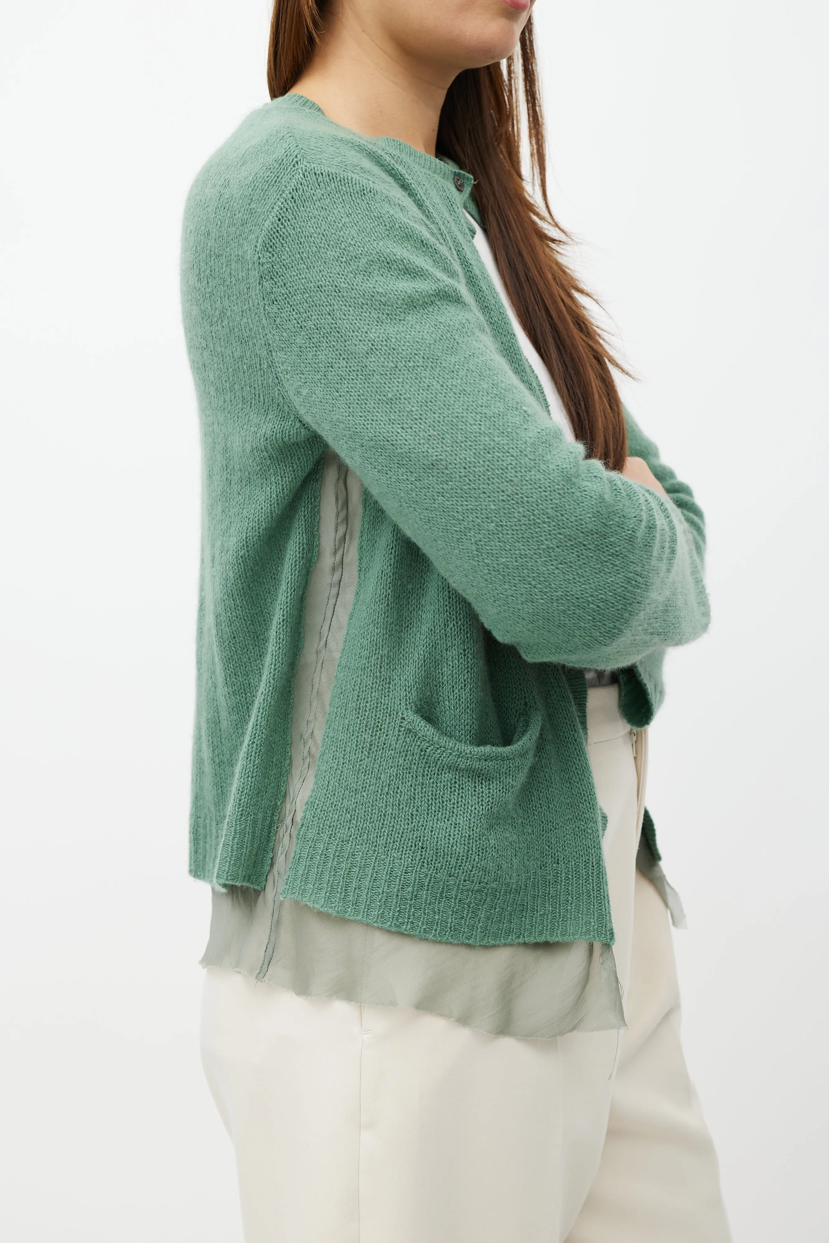 Green Silk Layered Cashmere Cardigan