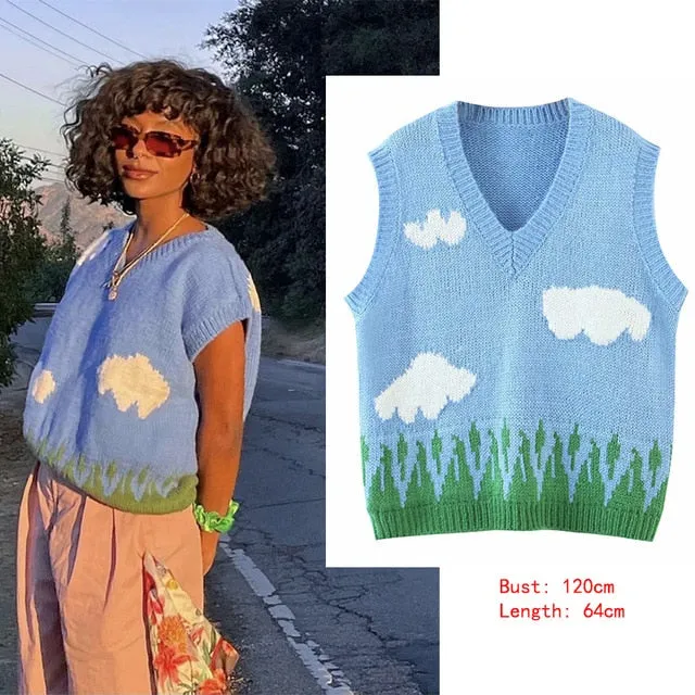 Happy Crew Neck Sky & Clouds Knitted Sweater