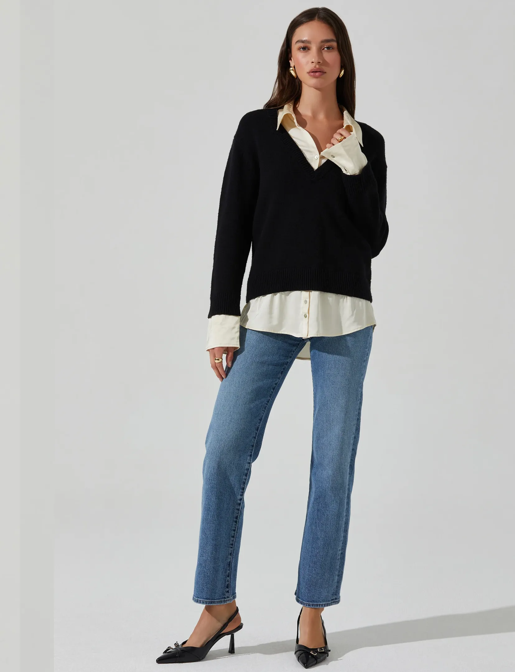 Jianna Layered Sweater, Black/Cream