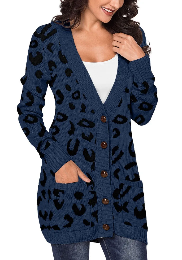 LookbookStore Women Open Front Knit Cardigan Leopard Print Button Down Sweater Coat