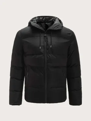 Men Solid Drawstring Zip-up Padded Coat