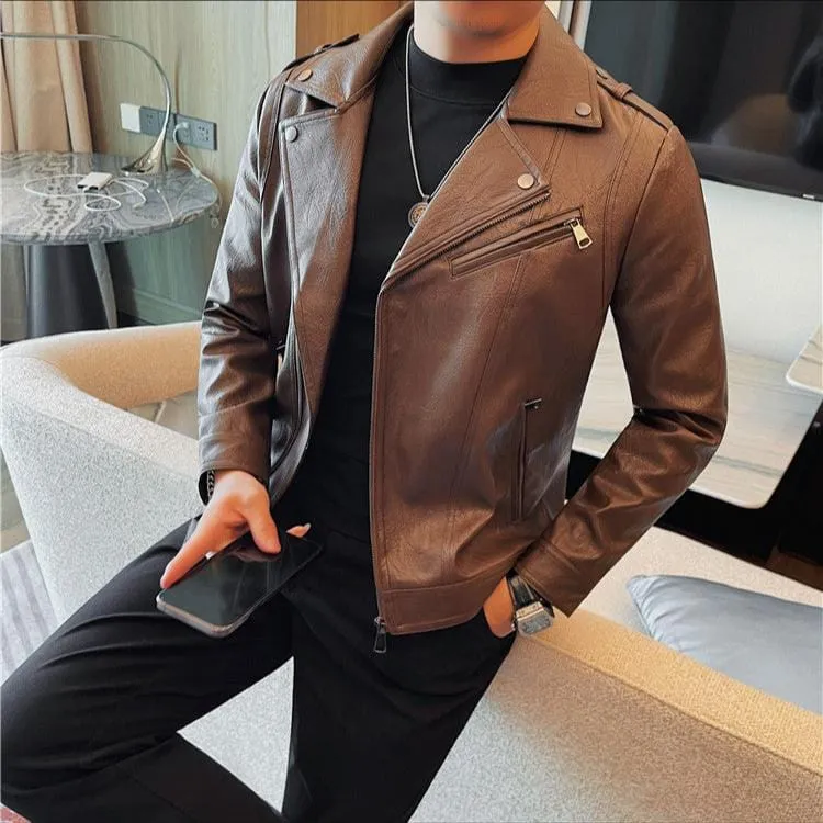 Men’s High-Quality Leather Motorcycle Jacket – Vintage Turn-Down Collar Coat