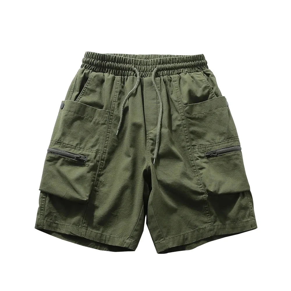 Multi-Pocket Cargo Shorts with Elastic Waist - Safari Style