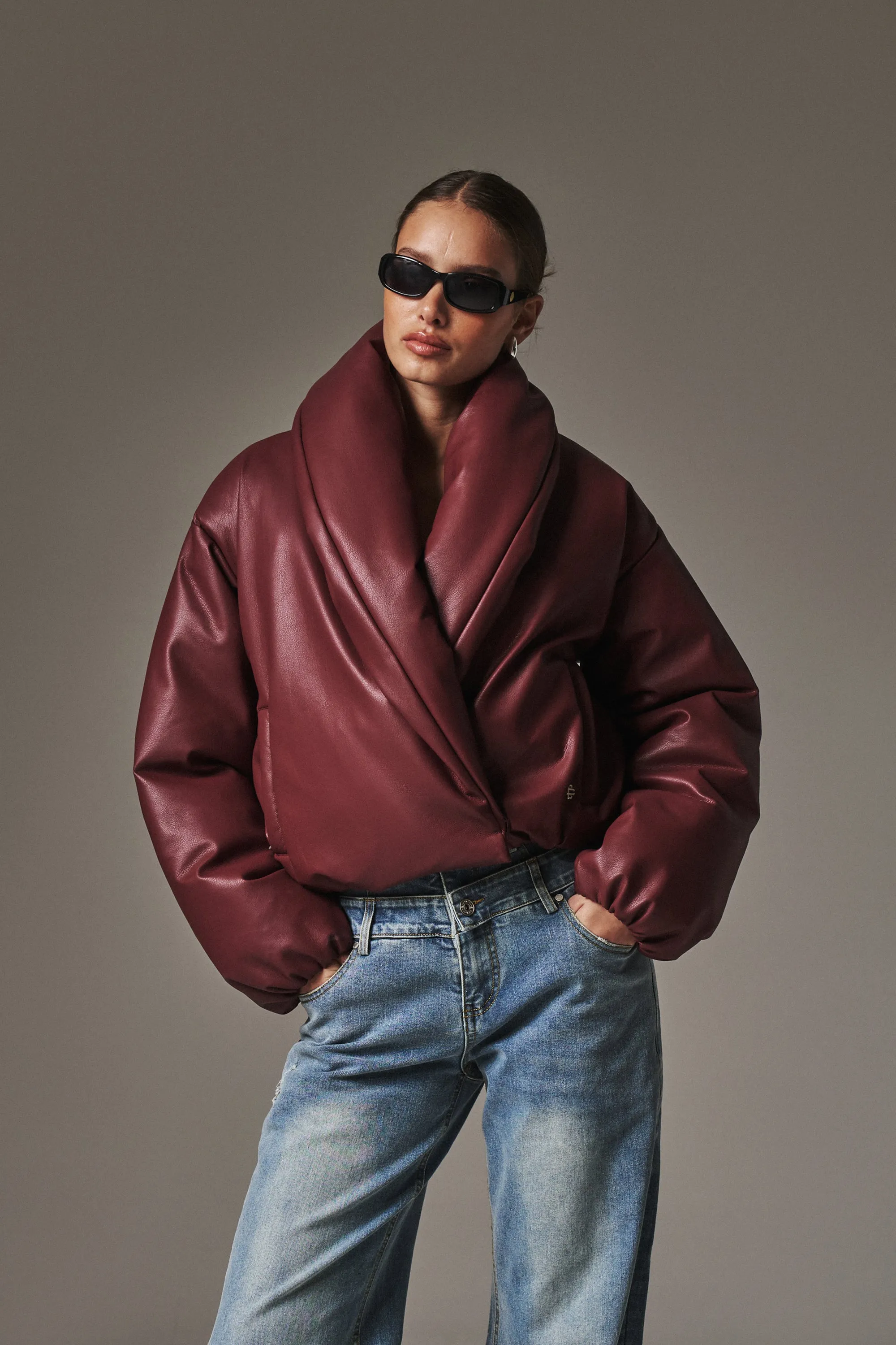 OVERSIZED COLLAR FAUX LEATHER PUFFER COAT - BURGUNDY