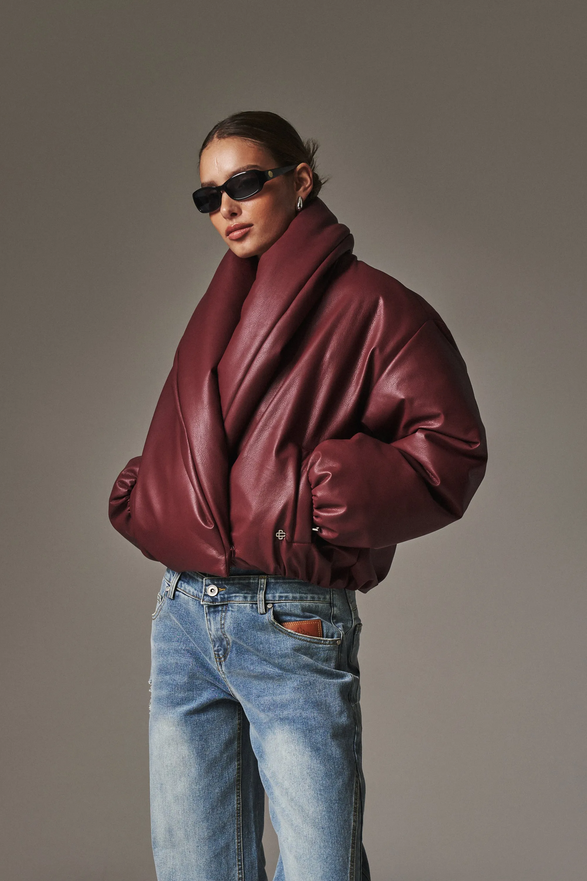 OVERSIZED COLLAR FAUX LEATHER PUFFER COAT - BURGUNDY