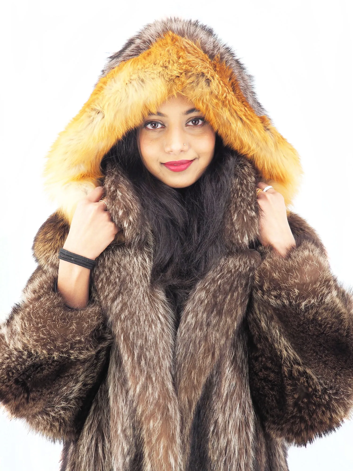 Raccoon Fur Coat Coats Detachable Hood with Red Fox Trim M/L 49" Long