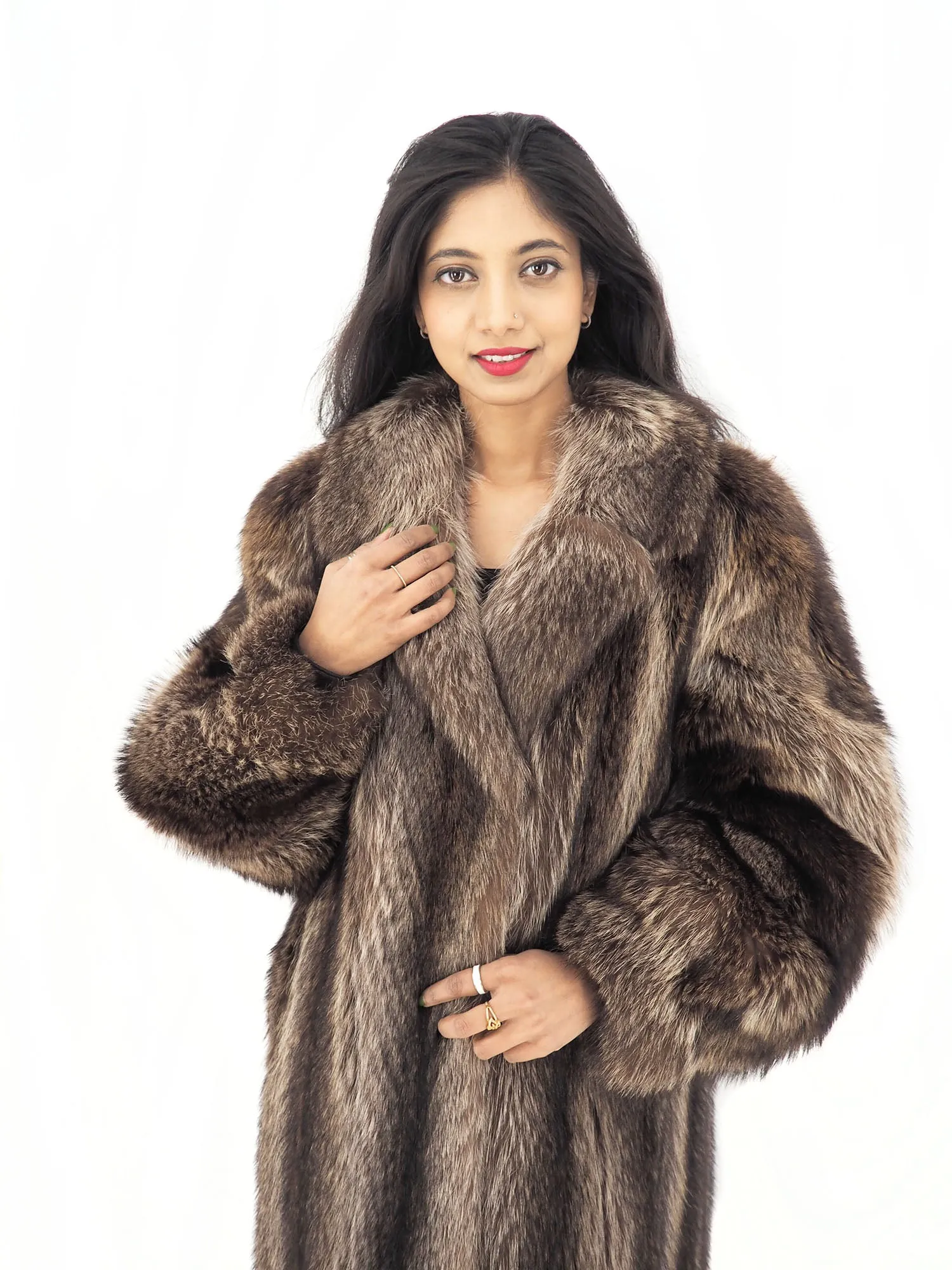 Raccoon Fur Coat Coats Detachable Hood with Red Fox Trim M/L 49" Long