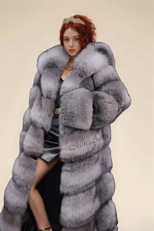 Real Fox Fur Coat with Fur Hood - Sapphire Frost Fox- G0048