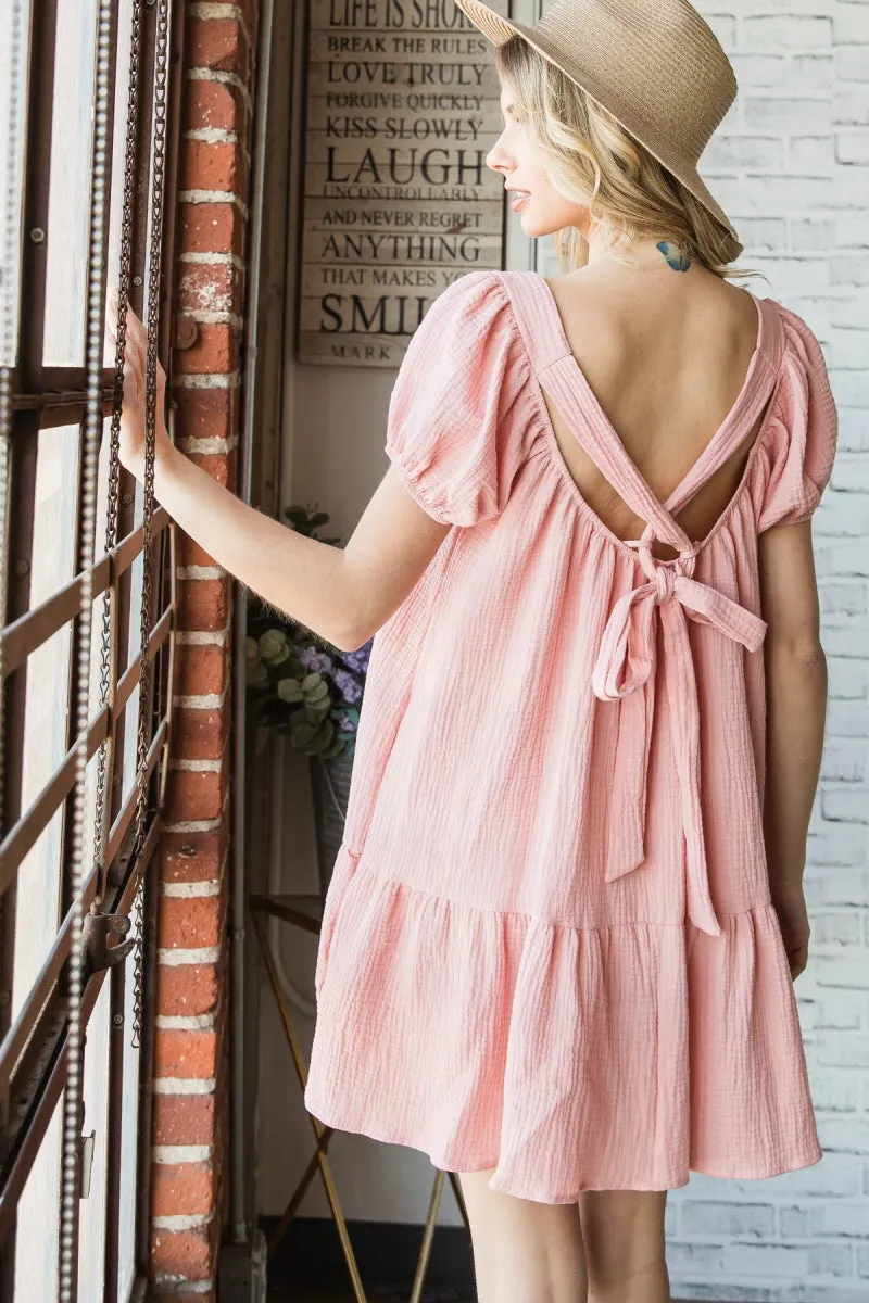 Solid Linen Puff Sleeve Square Neck Tie Open Back Tiered Dress