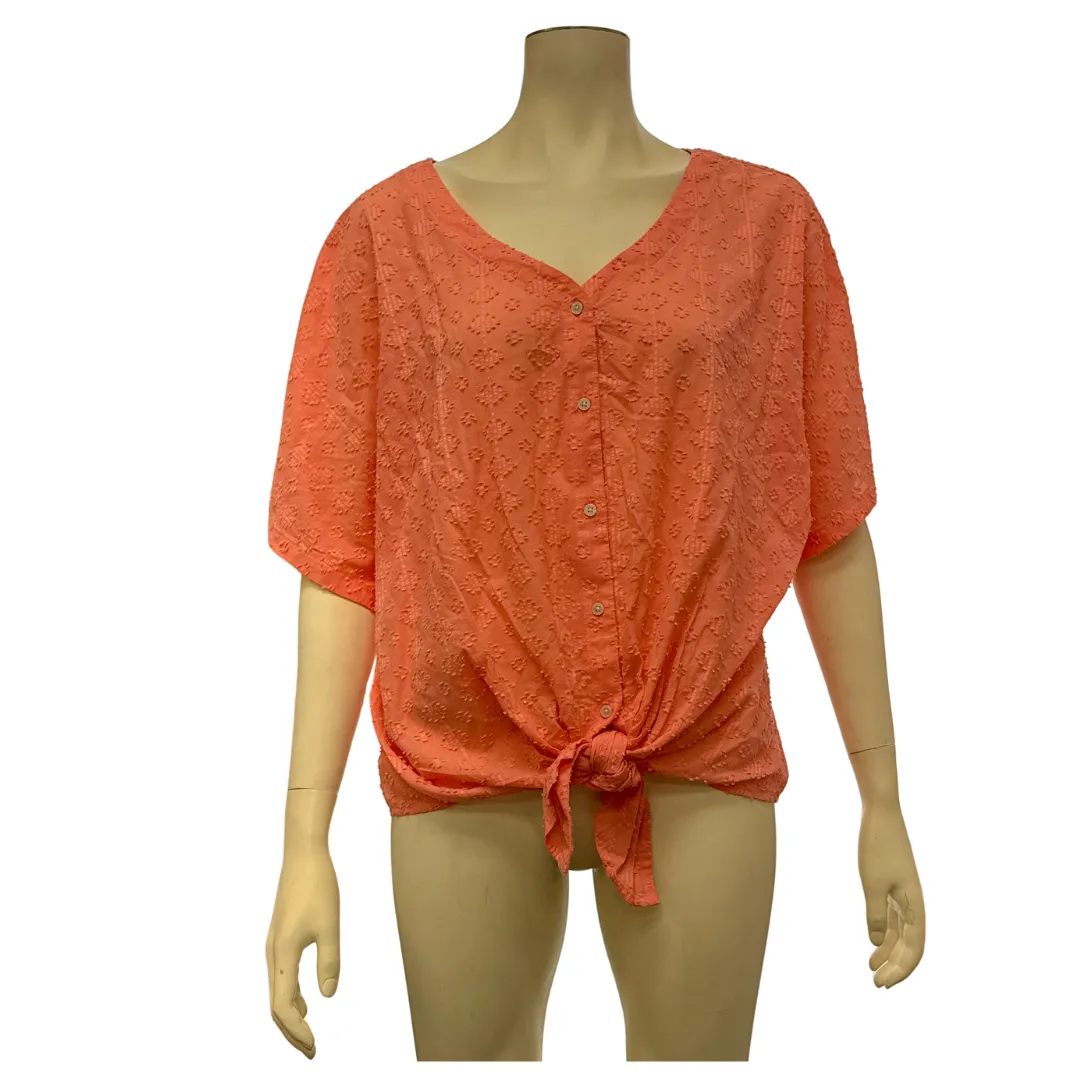 Style & Co Cotton Textured Tie-Front Top-Coral/Size XXL