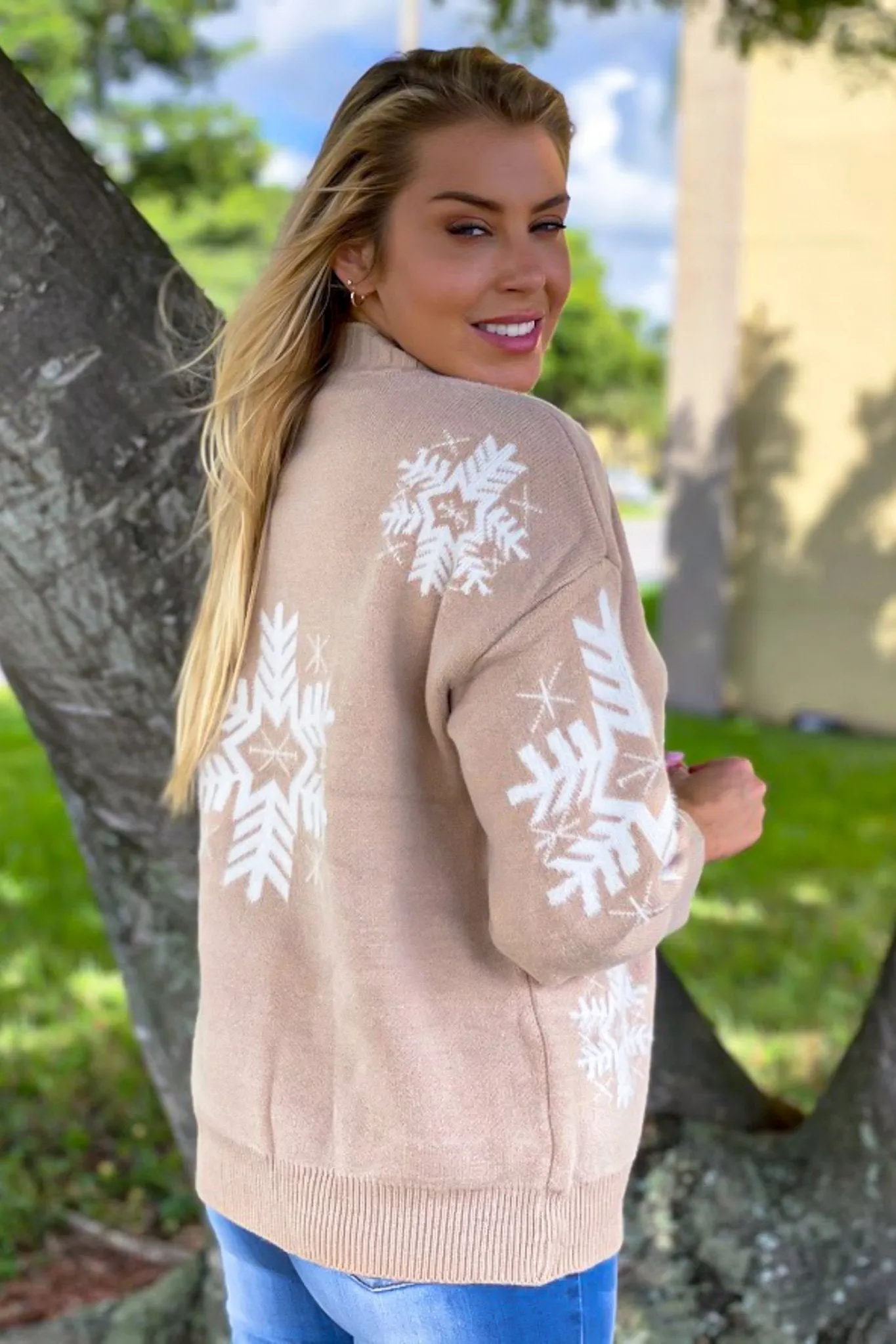 Taupe Snowflake Printed Sweater