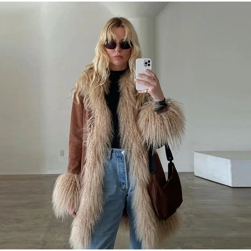 TAVIMART  -  Vintage Furry Faux Fur Women Patchwork Coats Winter Long Sleeve Lapel Female Loose Jacket Casual Pockets Thick Warm Lady Outwear