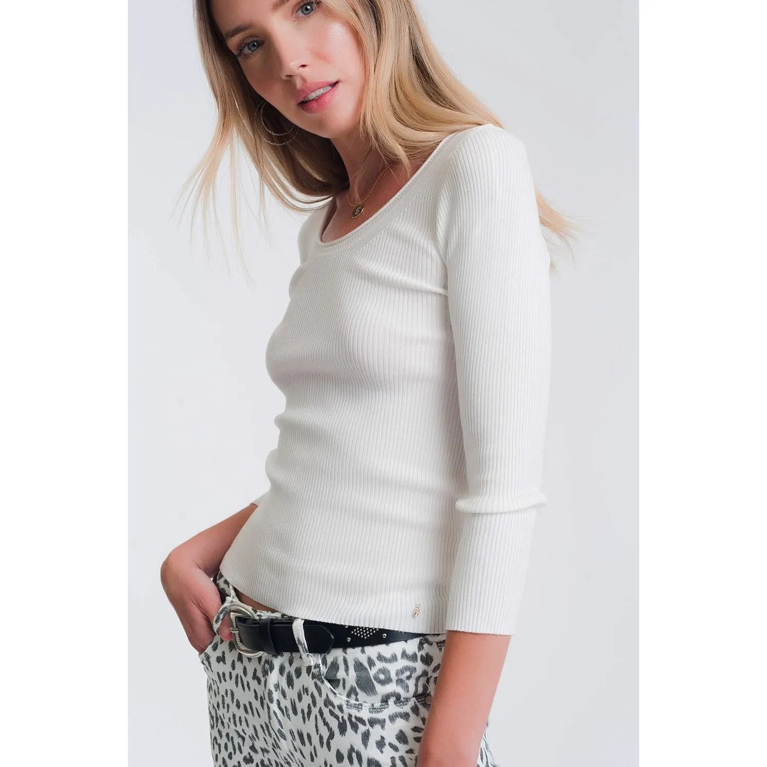 White Knitted Wide Neck Sweater