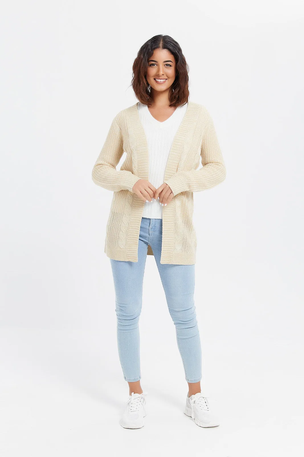 Women Beige Knitted Cardigan