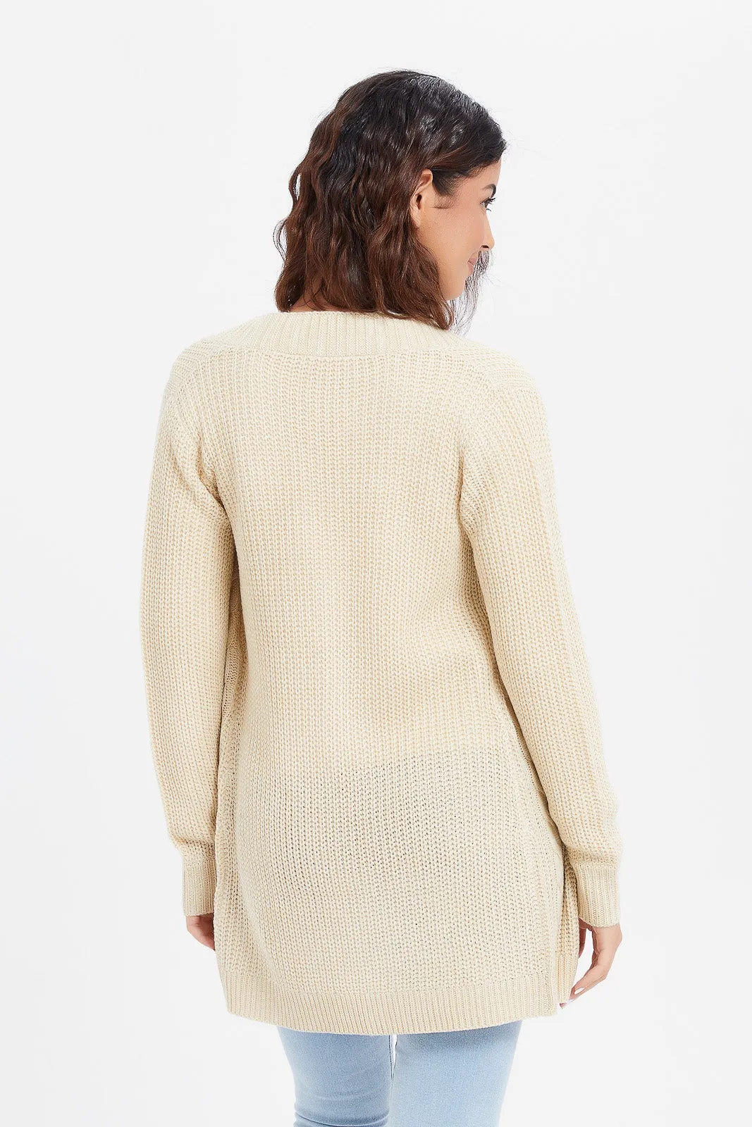 Women Beige Knitted Cardigan