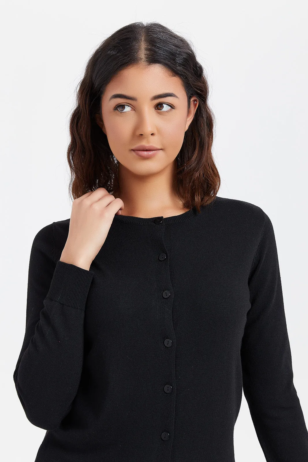 Women Black Crew Neck Cardigan