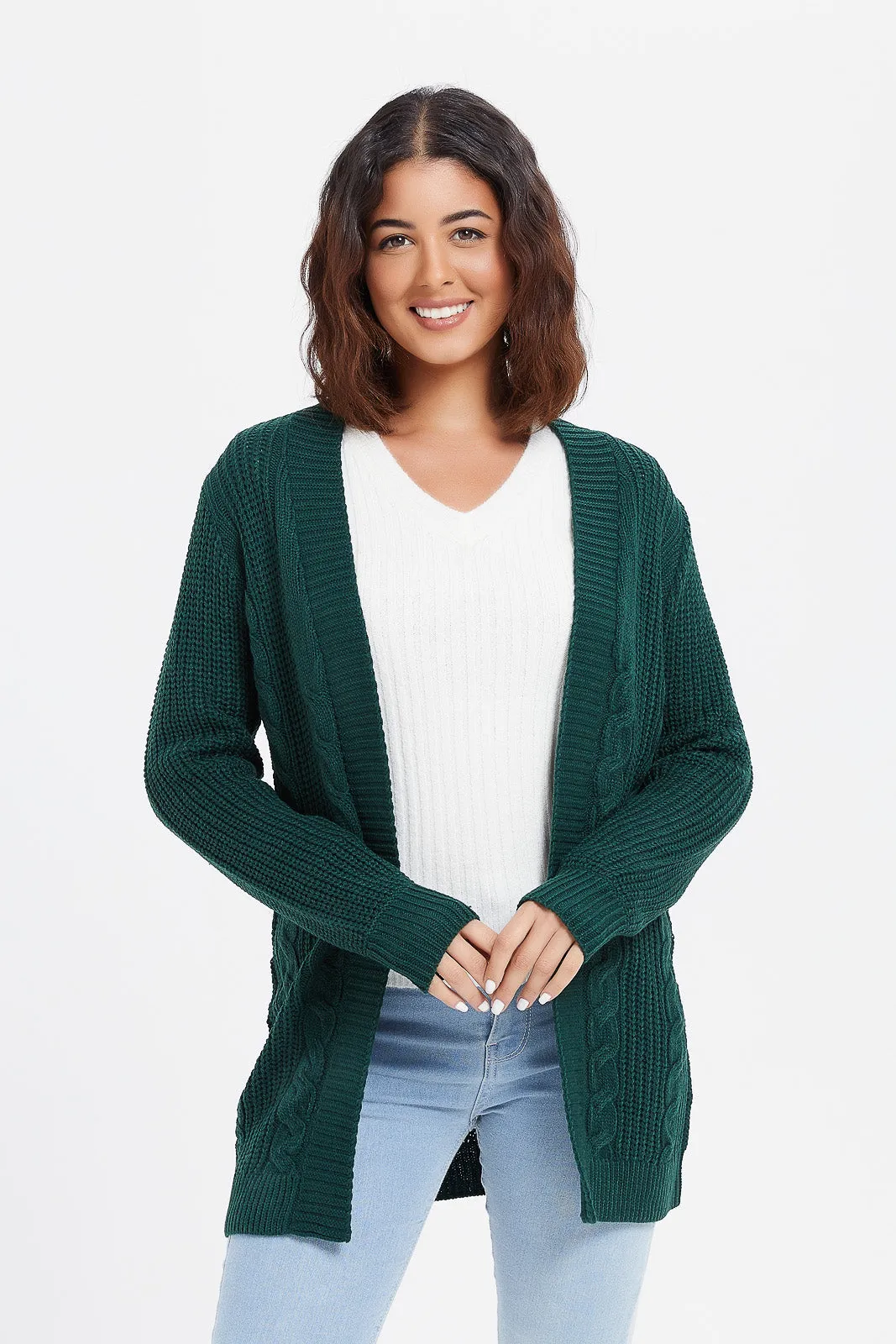 Women Green Knitted Cardigan