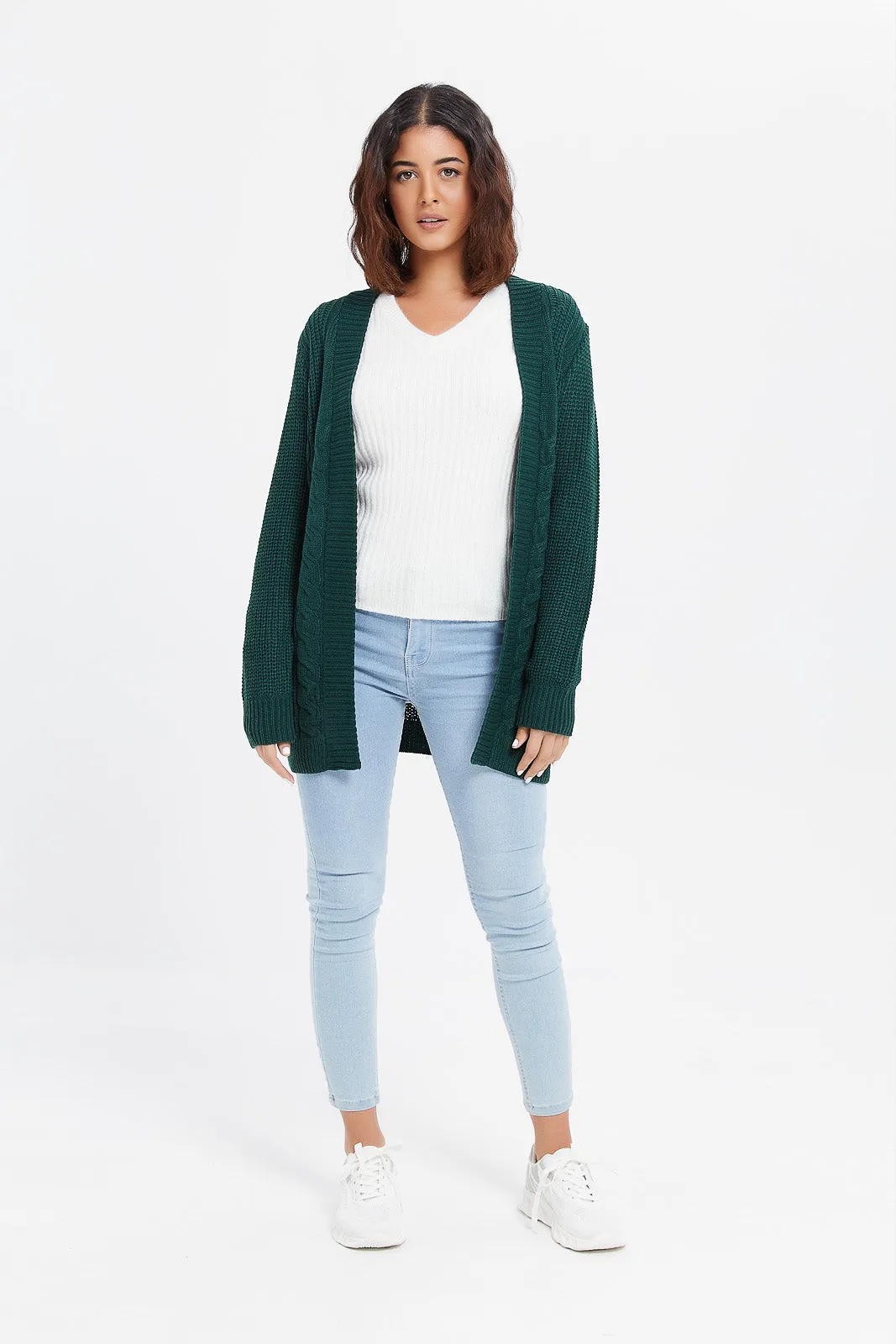 Women Green Knitted Cardigan