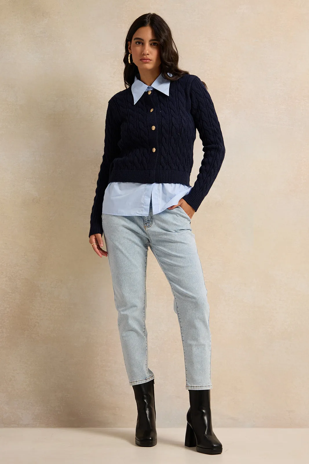 Women Navy And Blue Collared Mock Neck Sweater