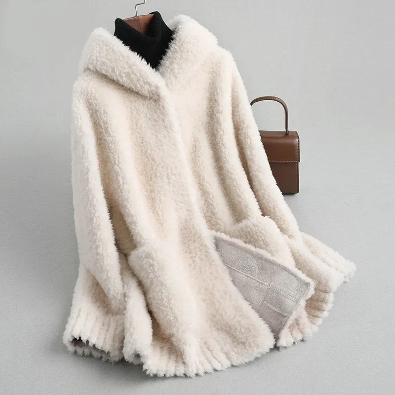 Women Real Wool Fur Coat Jacket Female Sheep  Hooded  Fur Coats